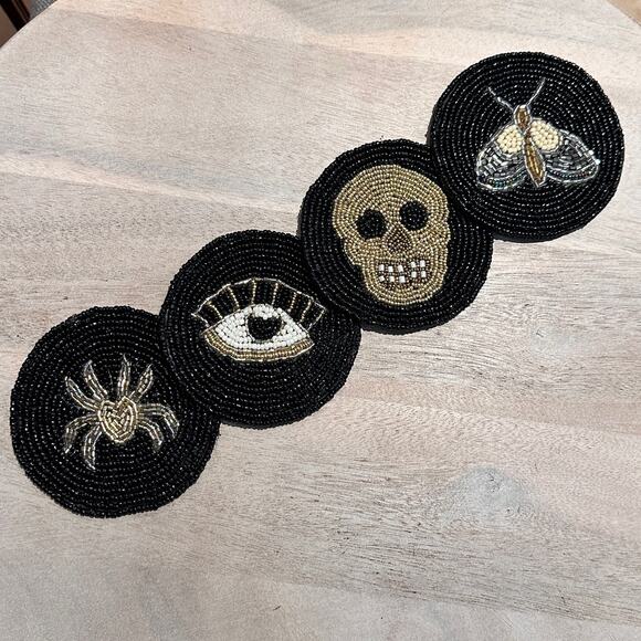 Halloween Spell Hand Crafted Beaded Coasters Skeleton Spider Moth Evil Eye New - Picture 9 of 10